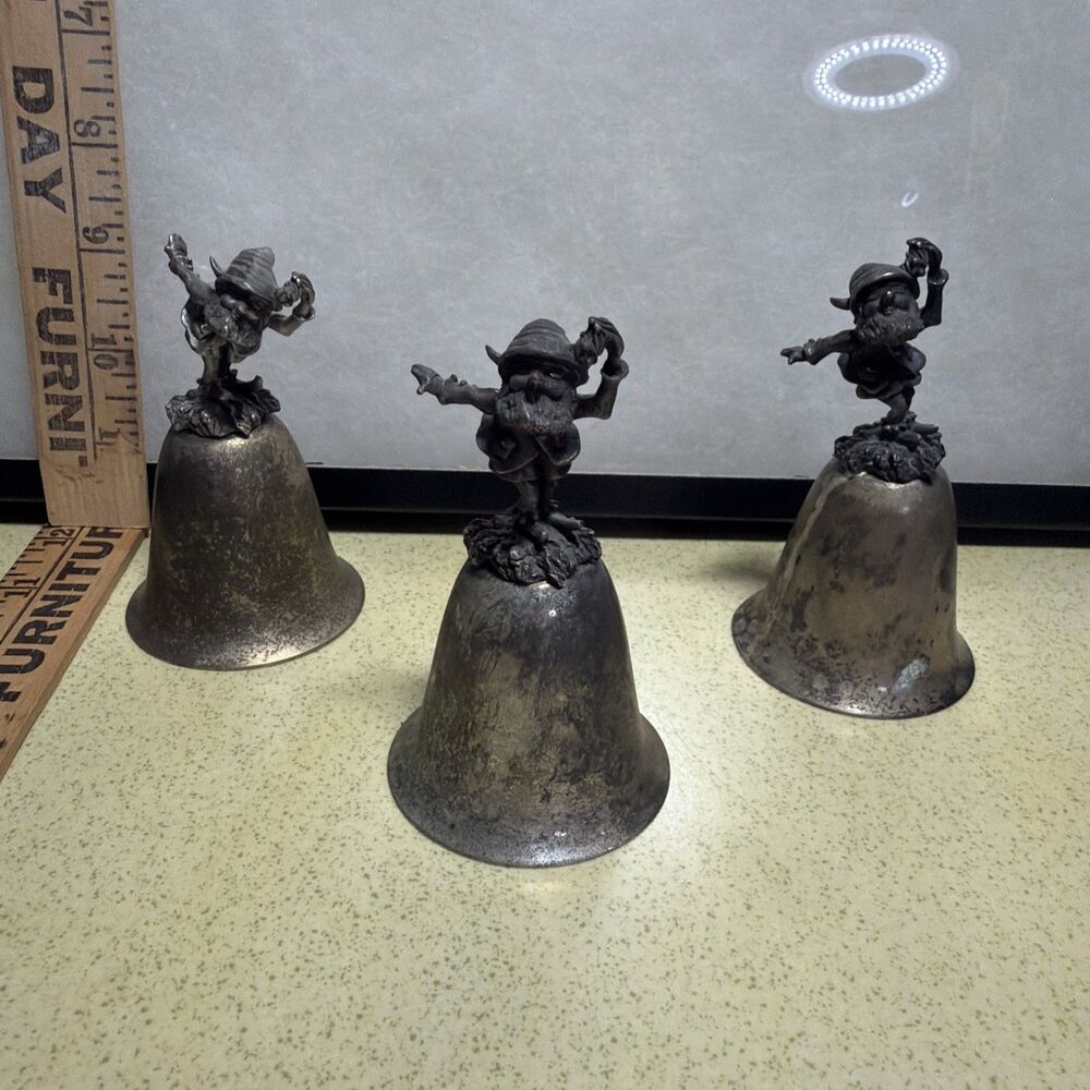 Pewter And Silver Plate Bells (3) Woodland Sprite, Elf, Gnome,